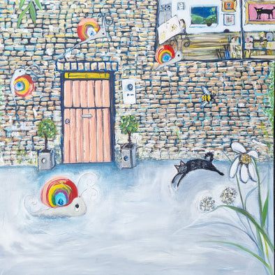 Snail illustration finding an art studio with rainbow elements and a stone wall background.