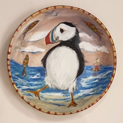 Puffin's Holiday - Original Painting on a ceramic Bowl