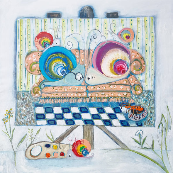 Colorful painting of two snails on a sofa ,checkered floor with a paint palette and flowers.