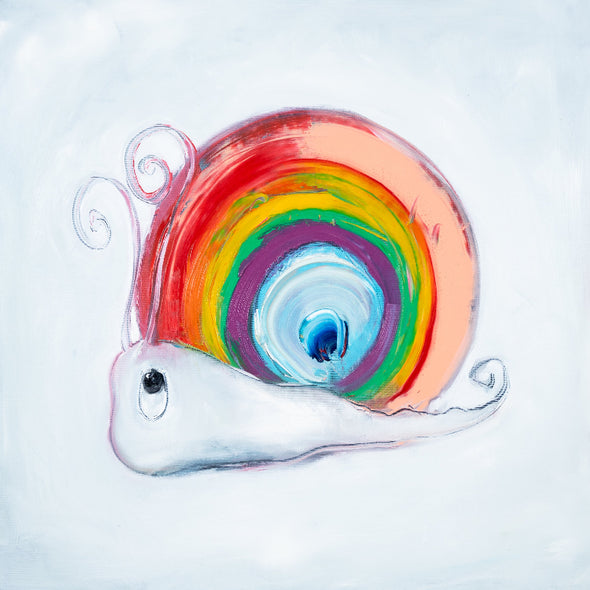 Colorful snail shell with rainbow pattern on a white background