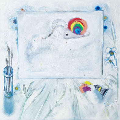 Colorful illustration of a snail with a rainbow shell on a white background, surrounded by art supplies.
