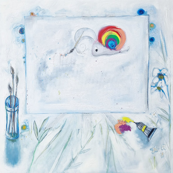 Colorful illustration of a snail with a rainbow shell on a white background, surrounded by art supplies.