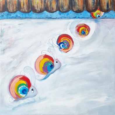 Colorful snail rolling under a gate textured white surface with a wooden border.