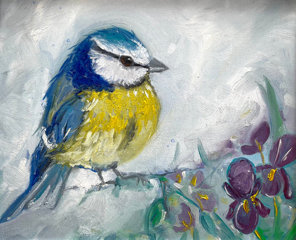 Blue Tit and Flowers - Original Oil Painting